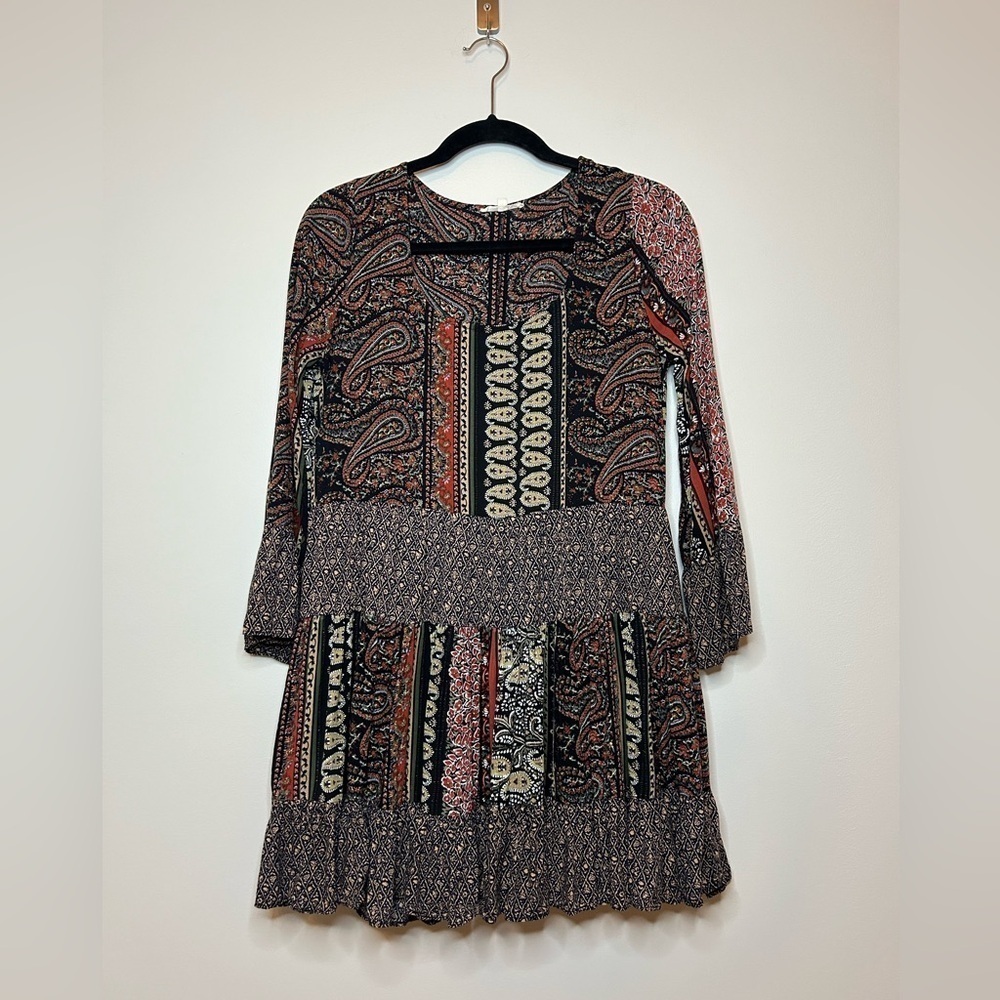 Easel Boho Dress Multi Paisley Print Bell Sleeves Size Small